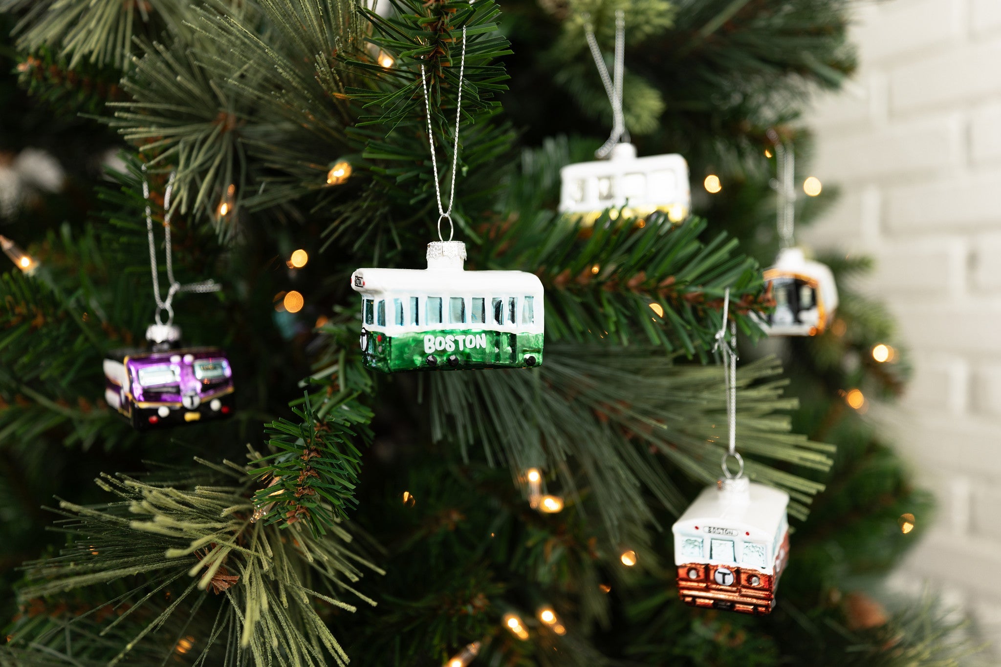 Boston MBTA Bus Trolley Train Christmas Tree Ornaments hanging on tree