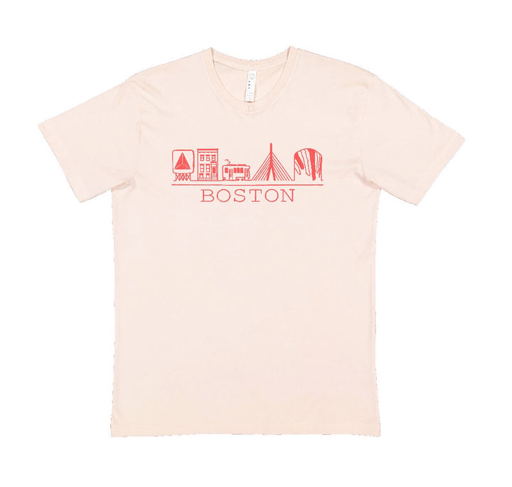 Light pink cotton adult unisex t-shirt with orange-pink chest graphic containing hand drawn Boston Massachusetts familiar sights