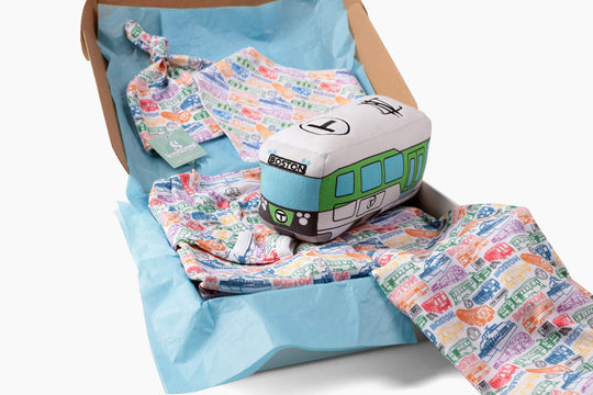 Boston MBTA-themed baby gift set in gift box