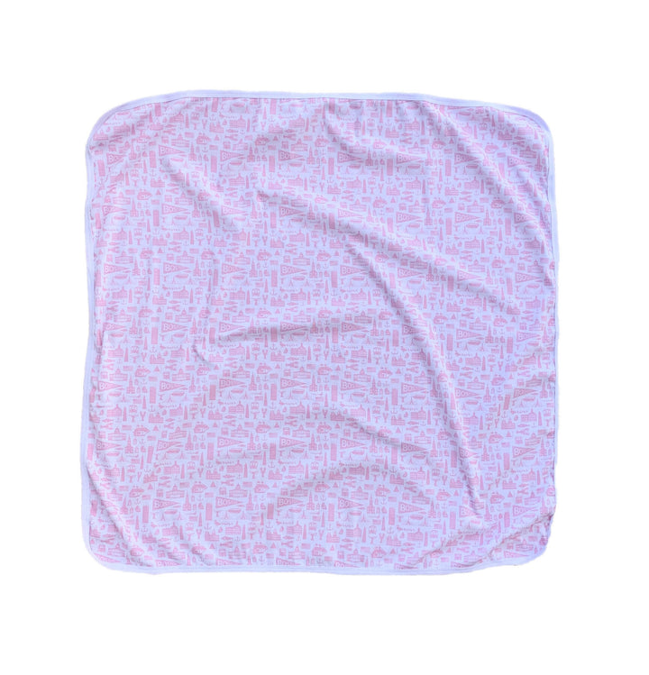 White cotton baby blanket with pink Boston Massachusetts landmark pattern