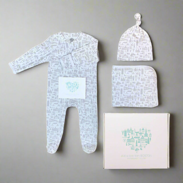 Soft cotton Boston themed grey and white baby apparel gift set which includes a zipper long sleeve onesie a knit baby hat and a baby blanket along with a gift box and note card