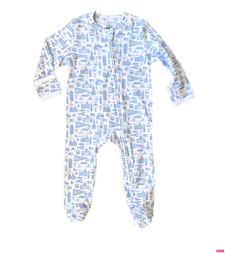 White zippered baby onesie with blue Boston Massachusetts landmark pattern