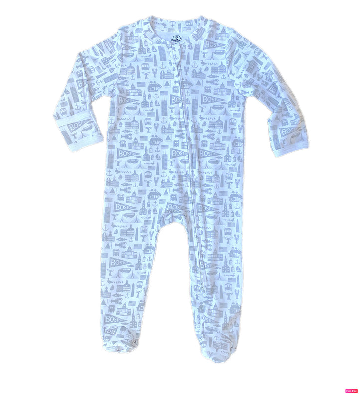 White zippered footie onesie with grey Boston Massachusetts landmark pattern