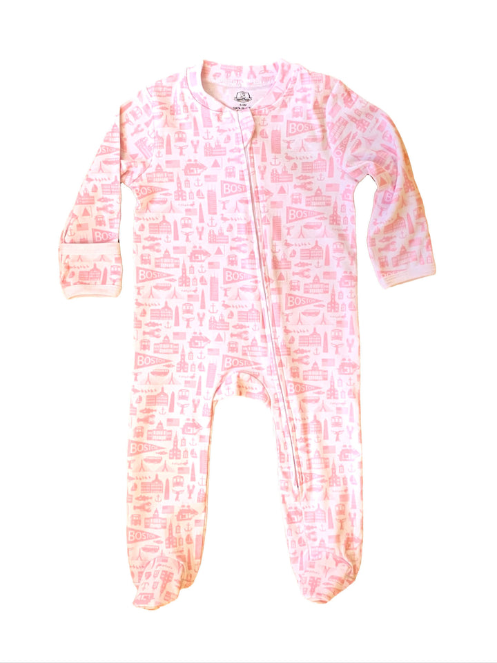 White zippered baby onesie with pink Boston Massachusetts landmark pattern