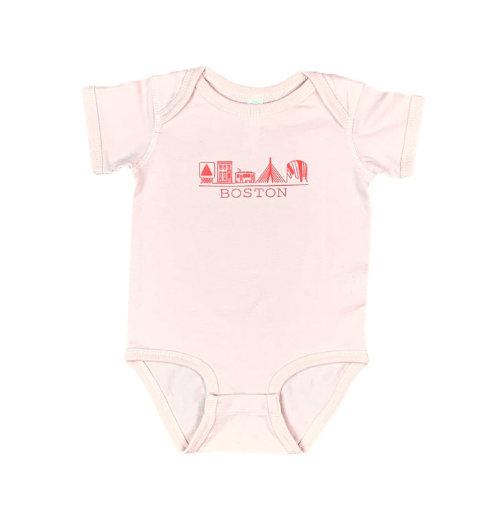 Light pink cotton onesie with orange-pink chest graphic containing hand drawn Boston Massachusetts familiar sights