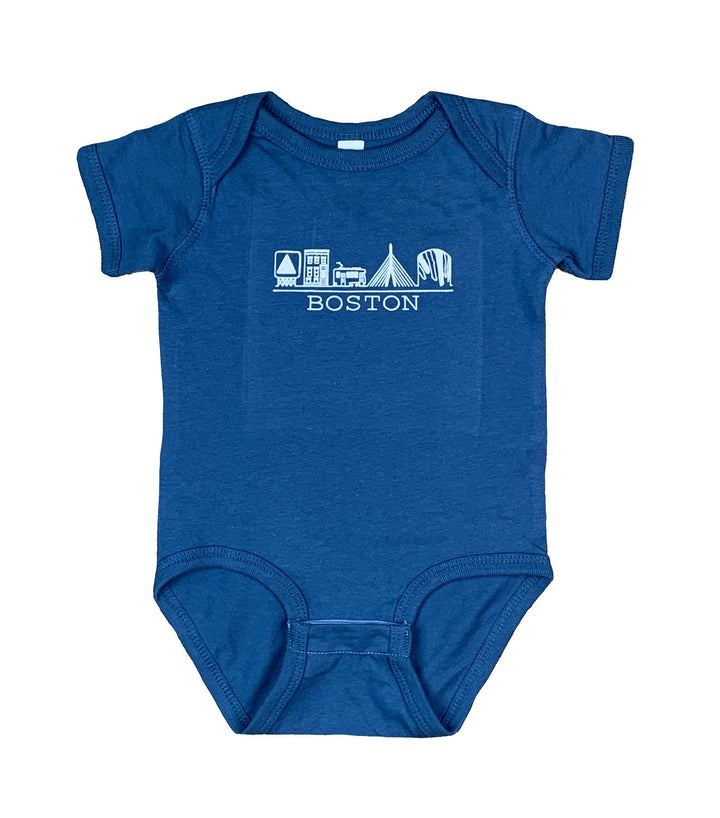 Blue cotton onesie with white chest graphic containing hand drawn Boston Massachusetts familiar sights