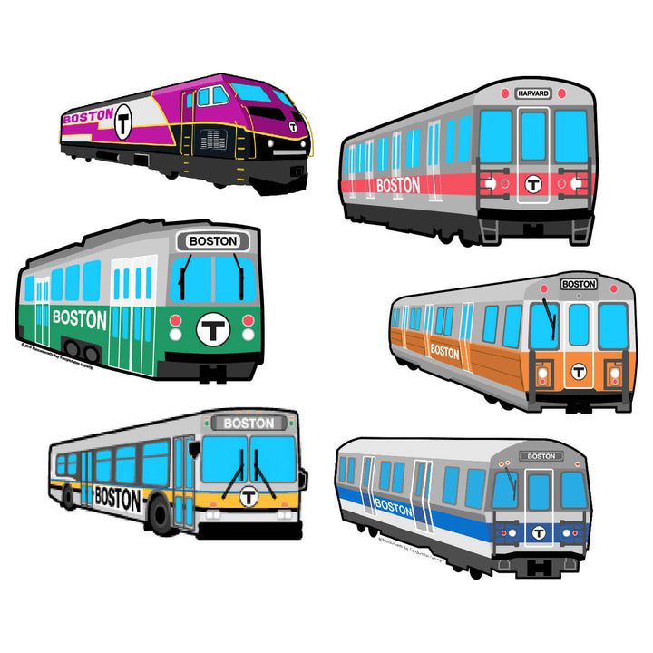 Collection of six MBTA vehicle large vinyl stickers