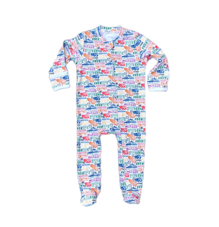 White cotton footie romper with colorful Boston MBTA vehicles pattern