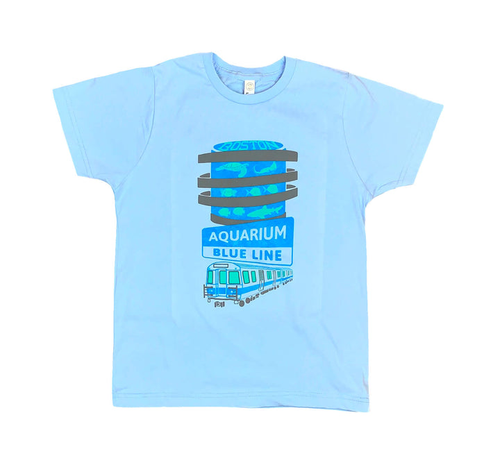 Light blue cotton youth size t-shirt with Boston Aquarium fish tank and Blue Line Train illustration