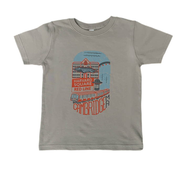 Toddler size grey cotton t-shirt with hand drawn sights of Harvard Square Cambridge MA within oval shape